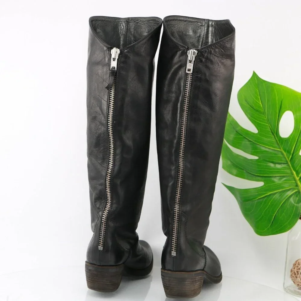 Vic Matie Womens Tall Boot Size 7.5 Black Leather Western Riding Low Heel Italy - Picture 4 of 11